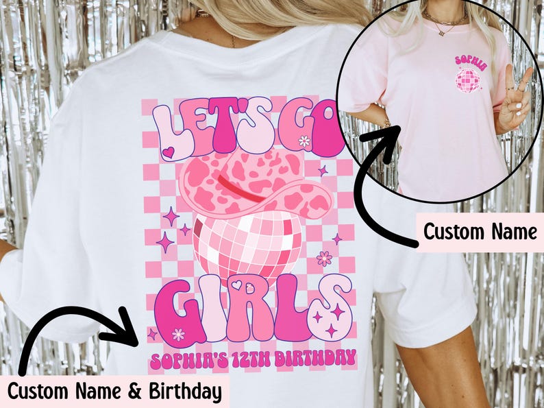 Custom Cowgirl Disco Birthday Shirts, Girls Disco Party Outfits, Western Disco Theme, Personalized Retro Birthday T-Shirts with name Pink image 4