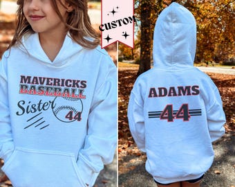 Custom Baseball Sister Sweatshirt, Personalized Baseball Sibling T-shirt, Kids Gameday hoodie, Girls sports tee, shirt for brother's game
