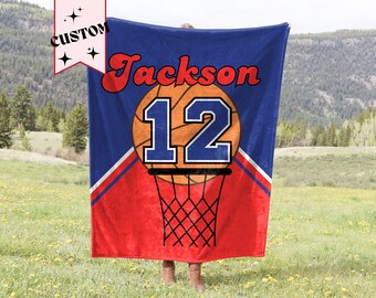 Personalized Basketball Velveteen Minky Blanket, Custom Team Colors, Name, and Jersey Number, Boys Sports Gift