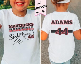 Baseball Sister Toddler Shirt, Little Girl Gameday Tee, Name Jersey number t-shirt, sibling youth sport game tee, baby sis, 2T, 3T, 4T 5-6T