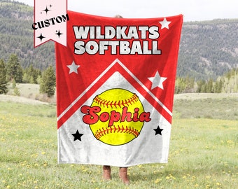 Personalized Softball Team Blanket, Custom Velveteen Minky Throw with Custom Team Color and Players Name