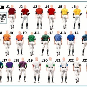 May include: A collection of 23 baseball uniforms in various colors, including red, yellow, orange, green, blue, purple, and black. The uniforms are numbered J1 through J23.