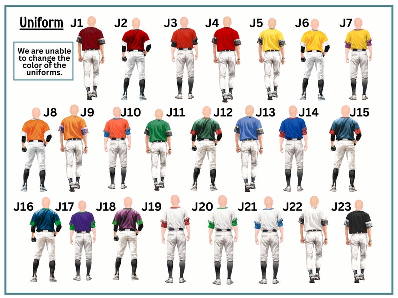 May include: A collection of 23 baseball uniforms in various colors, including red, yellow, orange, green, blue, purple, and black. The uniforms are numbered J1 through J23.