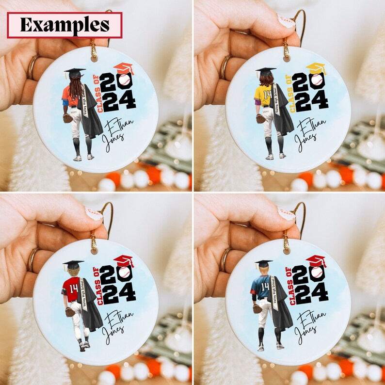 May include: Four round white ceramic ornaments with a baseball player wearing a graduation cap and gown. Each ornament has a red, white, and blue baseball, the text "Class of 2024", and the name "Ethan Jones".