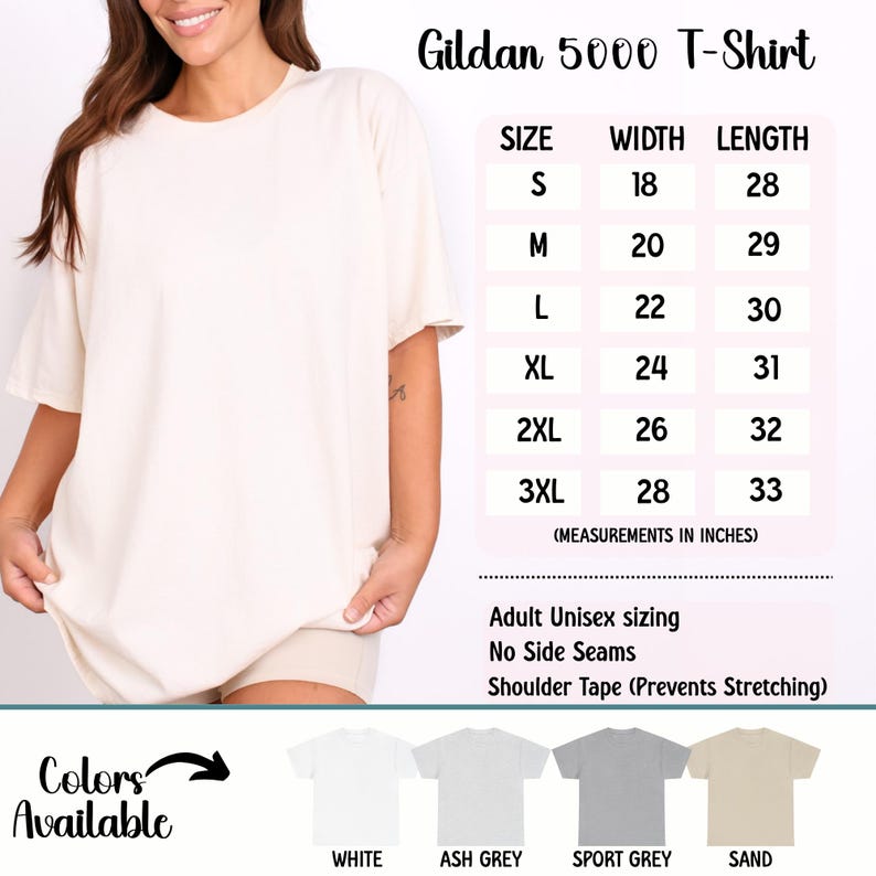 K&ouml;nnte beinhalten: Ein cremefarbenes Gildan 5000 T-Shirt mit einer Gr&ouml;&szlig;entabelle, die Ma&szlig;e in Zoll anzeigt. Die Tabelle listet die Gr&ouml;&szlig;en S bis 3XL auf, mit Breiten von 45.7 bis 71.1 cm und L&auml;ngen von 71.1 bis 83.8 cm. Verf&uuml;gbare Farben sind Wei&szlig;, Aschgrau, Sportgrau und Sand.