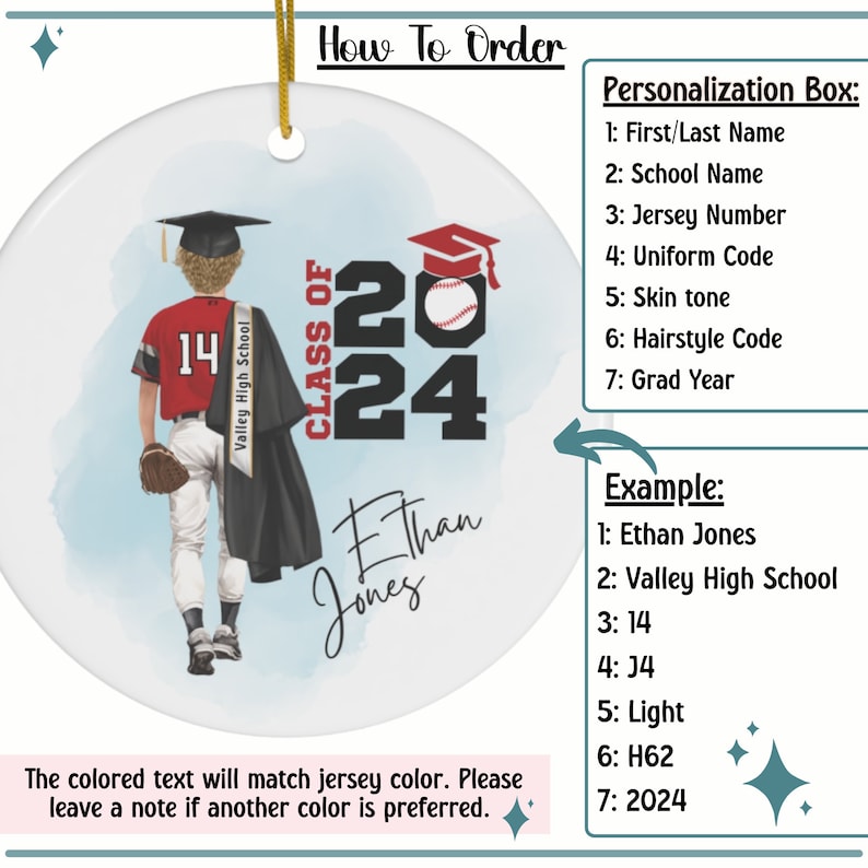May include: A personalized graduation ornament featuring a baseball player wearing a red jersey with the number 14, a black graduation cap and gown, and a baseball in his hand. The ornament is decorated with a blue and white watercolor background and the text "Class of 2024".