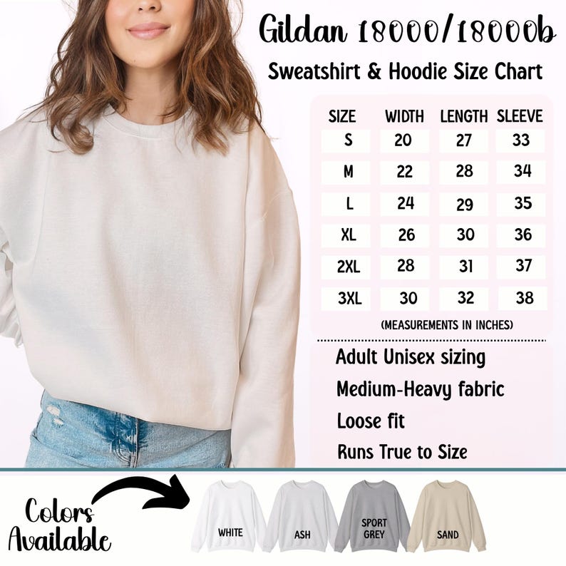 K&ouml;nnte beinhalten: Ein wei&szlig;es Gildan Sweatshirt mit Gr&ouml;&szlig;entabelle. Die Tabelle zeigt Ma&szlig;e in Zoll f&uuml;r die Gr&ouml;&szlig;en S bis 3XL, einschlie&szlig;lich Breite, L&auml;nge und &Auml;rmell&auml;nge. Das Sweatshirt hat eine Unisex-Gr&ouml;&szlig;e f&uuml;r Erwachsene, mittelschweren Stoff und eine lockere Passform.