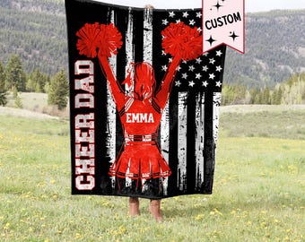 Personalized Cheer Dad Blanket, Custom Cheerleader Dad Gift, Patriotic American Flag Fleece Throw, Competitive Cheerleading Gift for Father