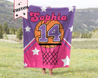 Personalized Basketball Blanket for Girl, Custom Velveteen Minky Fleece Throw with Team Colors, Name, and Jersey number