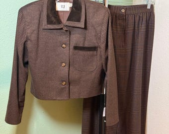 VTG 80s Thermo Jac TJ 2 Piece Skirt Suit Brown Wool Blend Velvet Collar Sz 6