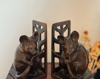 VTG Neiman Marcus Japanese Okimono Bronze Mice Bookends Pair, Leaf Cutout Design, Mouse Bookends