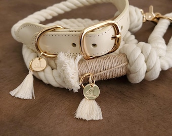 Wedding Dog Leash & Collar Set: Cream Cotton Rope, Gold Hardware