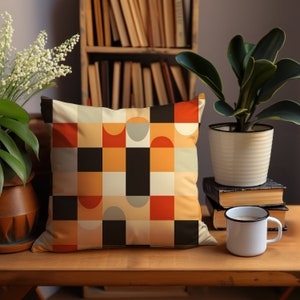 Retro Geometric 1970s Square Throw Pillow - Vintage Brown Throw Pillow - 70s Checkered Accent Pillow