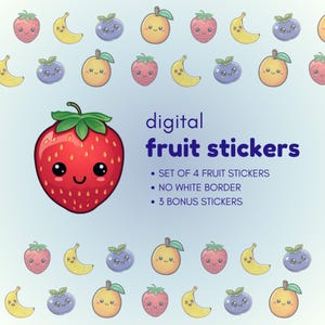 Op de afbeelding: Een set digitale fruitafbeeldingen met een aardbei, sinaasappel, banaan en blauwe bes. De afbeeldingen zijn ontworpen in een schattige cartoon-stijl met glimlachende gezichten. De tekst "digitale fruitafbeeldingen" wordt boven de afbeeldingen weergegeven, samen met een beschrijving van de set: "Set met 4 fruitafbeeldingen, zonder witte rand, 3 bonusafbeeldingen."