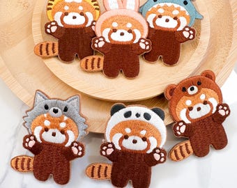Cute Red Panda set with animal costume Embroidery Patch for Graphic TeeShirt Gift for Panda Lover