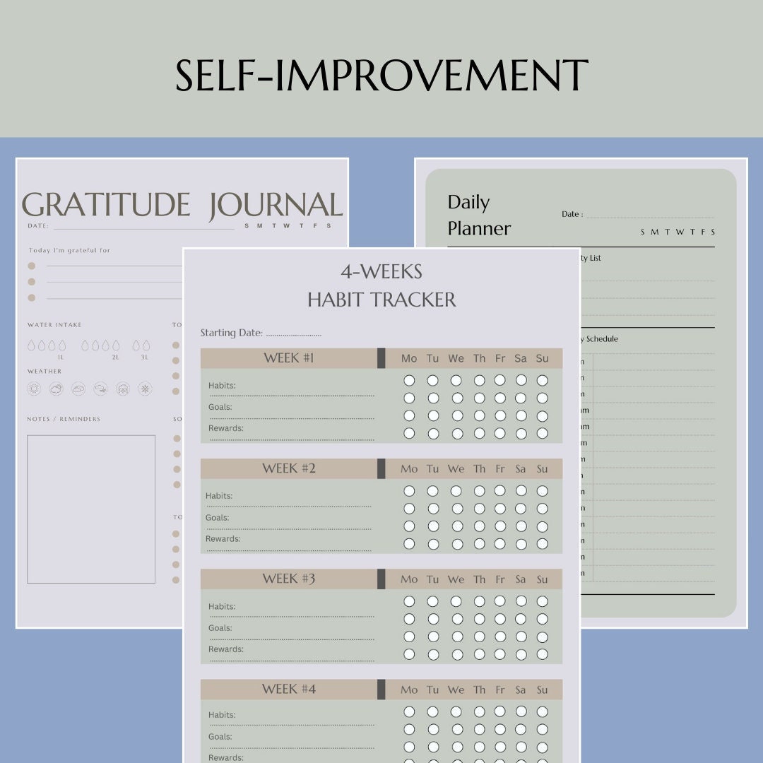 Self-improvement Challenges, Printable Habit Tracker, Daily Planner, Gratitude Journal - Etsy
