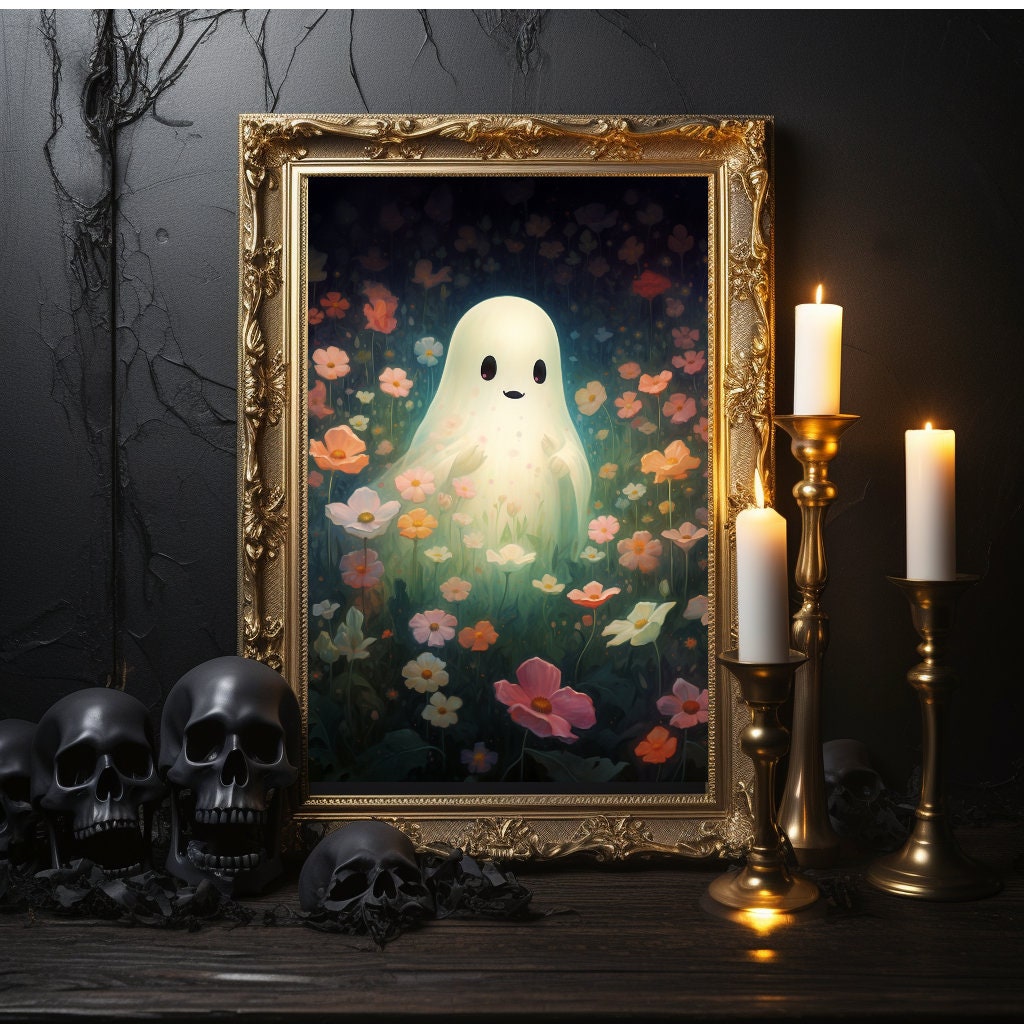 Cute Baby Ghost in Field of Flowers Floral Ghost, Dark Academia Art ...