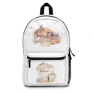 Solo cree / Mochila con versículos bíblicos en acuarela de Jesucristo / El camino, la verdad, la vida (fe cristiana)