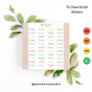 May include: A sheet of colourful "To Clean" script stickers. The stickers are arranged in rows and columns, with each sticker featuring the text in a different colour. The image also includes the text "To Clean Script Stickers" and the @planberrystudio logo.