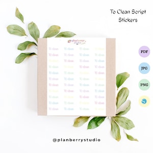 May include: A sheet of "To Clean" script stickers in pastel colors, arranged on a white background with green leaves. The stickers are in a grid pattern, with the text "To Clean" repeated. The image also includes PDF, JPG, PNG, and SVG icons.