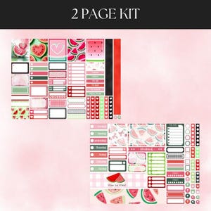 May include: A 2-page kit with a watermelon theme. The kit includes various stickers with watermelon slices, hearts, and text boxes in shades of pink, green, and red. The text "2 PAGE KIT" is at the top.