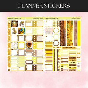 May include: A sheet of planner stickers with a sunflower theme. The stickers include boxes, labels, and decorative elements in shades of yellow, brown, and white. Text on the stickers includes "PLANNER STICKERS", "TO DO", and "IMPORTANT".