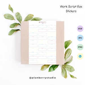 May include: A square box of stickers with the text "Work Script Box Stickers." The stickers have a pastel rainbow border and the word "Wed" inside each box. The stickers are surrounded by green leaves.