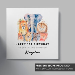 Carte personnalisée du 1er 2ème 3ème anniversaire | animaux de safari | carte aquarelle pour enfants | fils, petit-fils, neveu, fille, nièce | tout âge