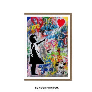 Tarjeta de felicitación de Banksy / Arte de grafiti callejero / Tarjeta de felicitación de aniversario de cumpleaños para cualquier ocasión / Chica con globo de corazón