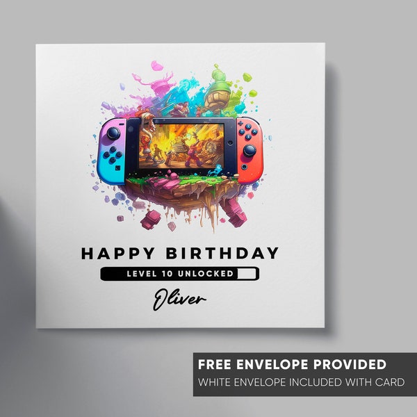 Carte d'anniversaire de joueur personnalisée | de voeux fille garçon | jouer pour tous les âges | cadeau joueur de jeu vidéo | Passez au niveau supérieur sur Nintendo Switch