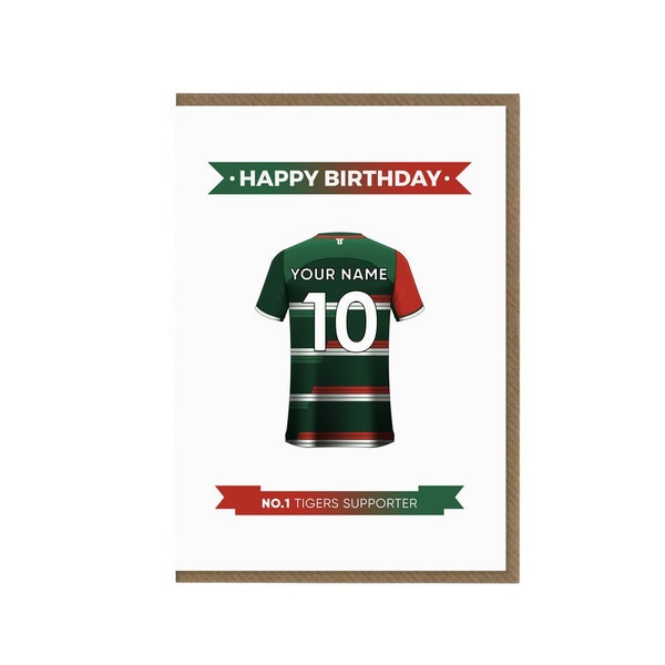 Personalised Leicester Tigers Birthday Card | Rugby Fan Greeting Card | Rugby Shirt Theme Card | Supporter Top Gift | Tigers Team Jersey