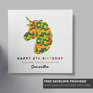 Carte d'anniversaire personnalisée | Thème licorne mignon | Personnalisez votre nom et votre âge | fille, soeur, nièce | fille de Zazzle.be Liste d'envies Vous avez des idées ? Carte de brique de bloc de construction