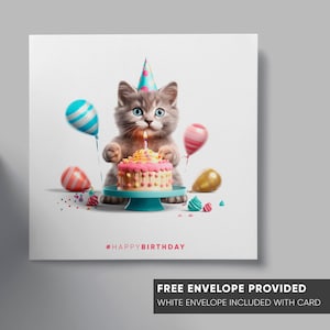 Carte d’anniversaire de chat mignon | carte drôle pour les amoureux des chats | bébé chaton avec un gâteau | carte du chat | petit ami petite amie mari femme ami