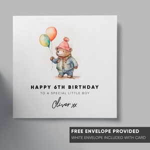 Carte d'anniversaire personnalisée | ours avec des ballons | thème aquarelle pour enfants | fils, petit-fils, neveu, fille, nièce, fille, garçon | tout âge