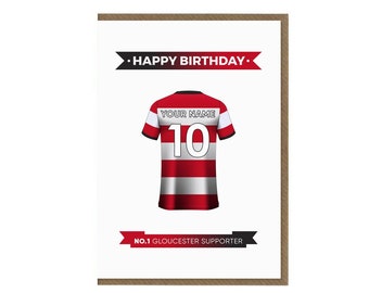 Personalised Gloucester Birthday Card | Rugby Fan Greeting Card | Rugby Shirt Theme Card | Supporter Top Gift | Gloucester Team Jersey