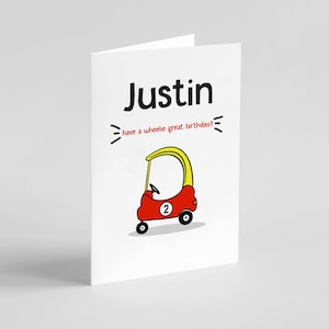 Gezellige coupéverjaardagskaart | Gepersonaliseerd met elke naam en leeftijd | Tike Car | Verjaardagskaart speelgoedauto voor kinderen | Tyke ride-on-auto | Autorijden voor peuters