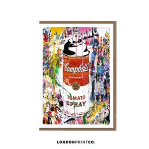 Cartão de felicitações Banksy | Arte de grafite de rua | Parabéns de aniversário, cartão de despedida para qualquer ocasião | Spray de tomate Campbell's