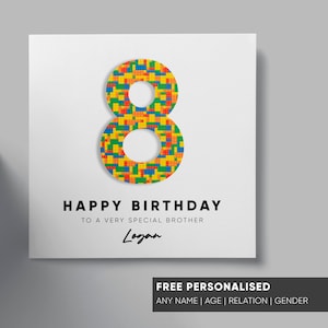 Carte d'anniversaire personnalisée | Personnalisez votre nom et votre âge | Fils, petit-fils, neveu, fille, nièce | carte garçon fille | Carte de brique de bloc de construction