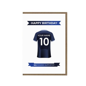 Gepersonaliseerde verkoop haaien verjaardagskaart | Wenskaart van de ventilator van het rugby | Rugbyshirt themakaart | Supportertopcadeau | Sale Sharks teamshirt