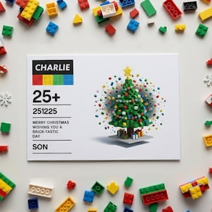 Personalised Christmas Card | Building Blocks Theme | Son, Grandson, Nephew, Daughter, Niece | Any Name | Boy Girl Card | Xmas Tree Bricks