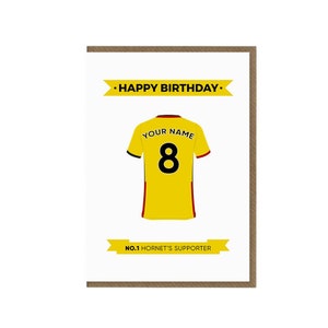 Tarjeta de cumpleaños personalizada de Watford Fc / Tarjeta de felicitación de fan de los Hornets / Tarjeta temática de camiseta de Watford / Regalo de partidario de Watford / Fanático del fútbol