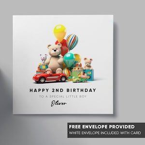 Cartão de aniversário personalizado | brinquedos e balões | tema ursinho e carro | filho, neto, sobrinho, filha, sobrinha, menina, menino | qualquer idade