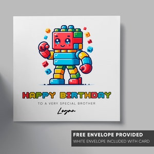 Personalised Birthday Card | Robot Theme | Son, Grandson, Nephew, Daughter, Niece | Any Age | Boy Girl Card | Toy Building Block Bricks