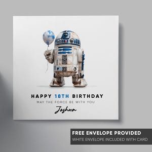 Star Wars-verjaardagskaart | Personaliseer met elke naam en leeftijd |  R2-D2 gemengd met Banksy Girl With Red Ballon-thema |  R2D2 | Robot