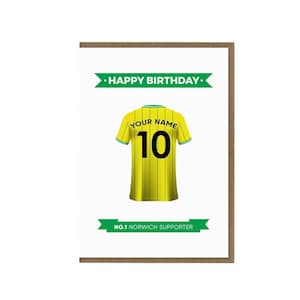Gepersonaliseerde Norwich City FC-verjaardagskaart | Wenskaart ventilator Norwich | Norwich-shirtthemakaart | Norwich-supportercadeau | Voetbalfan