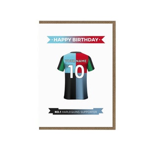 Tarjeta de cumpleaños personalizada de los Harlequins / Tarjeta de felicitación para fanáticos del rugby / Tarjeta temática de camiseta de rugby / Regalo principal para seguidores / Camiseta del equipo de los Harlequins