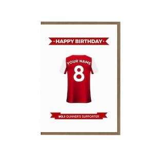 Carte d’anniversaire personnalisée Arsenal Fc | Carte de vœux des fans des Gunners | Carte thème chemise Arsenal | Cadeau des supporters d’Arsenal | Fan de football