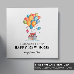 Biglietto di auguri per la nuova casa felice, congratulazioni personalizzate per il proprietario della casa, biglietto per il riscaldamento della casa, biglietto per la prima casa, biglietto per la nuova casa, casa con palloncini