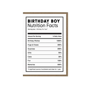 Carte de valeur nutritionnelle Birthday Boy | Faits nutritionnels d’anniversaire | Carte de blague drôle d’ami de travail | Anniversaire du meilleur ami | Fils Frère Mari
