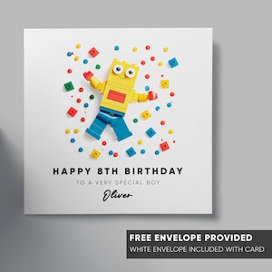 Carte d'anniversaire personnalisée | Thème des blocs de construction | Fils, petit-fils, neveu, fille, nièce | N'importe quel nom d'âge | carte garçon fille | Robot homme brique